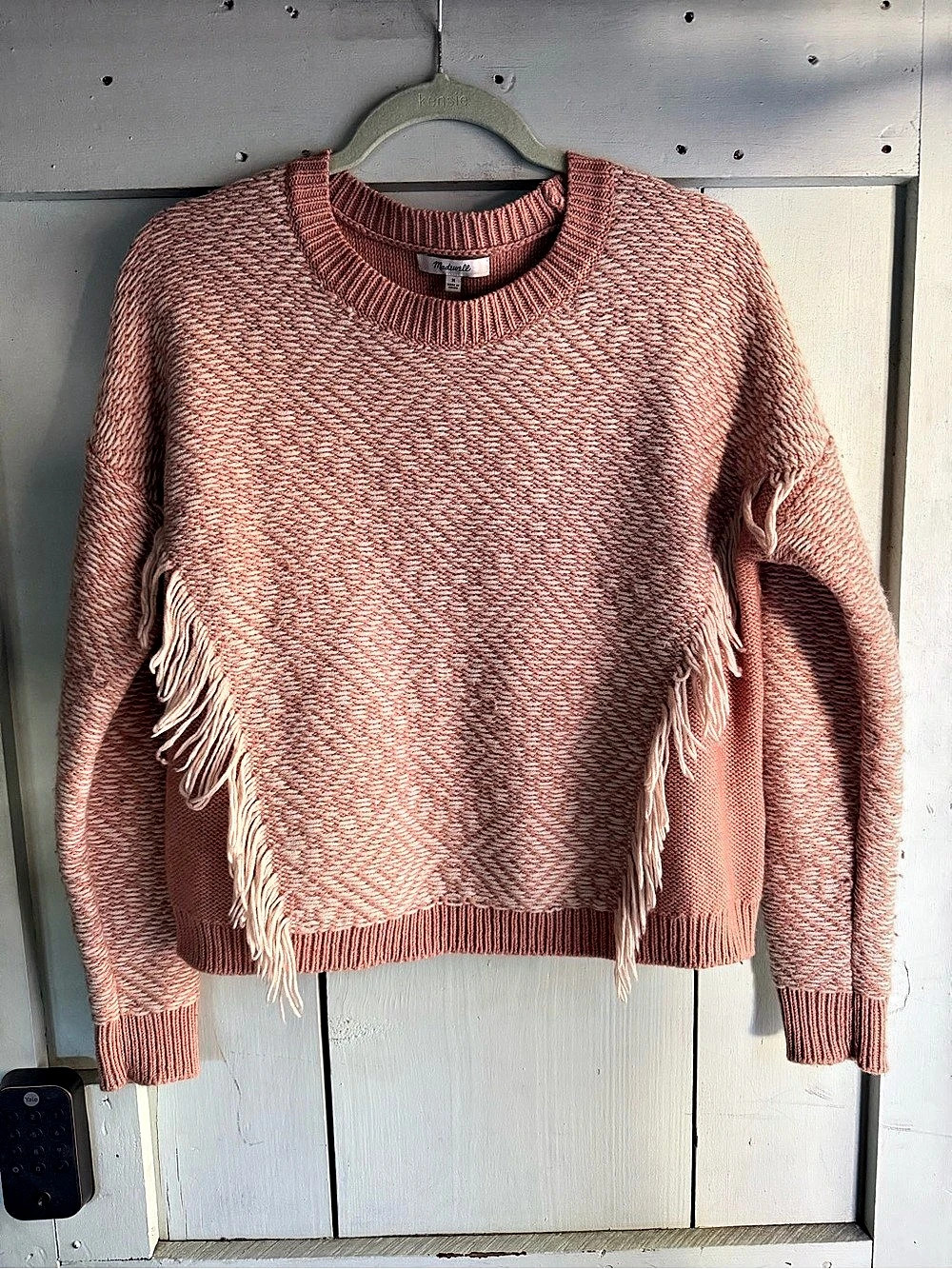 Madewell Fringe Crewneck Sweater in Pink & White Size Medium